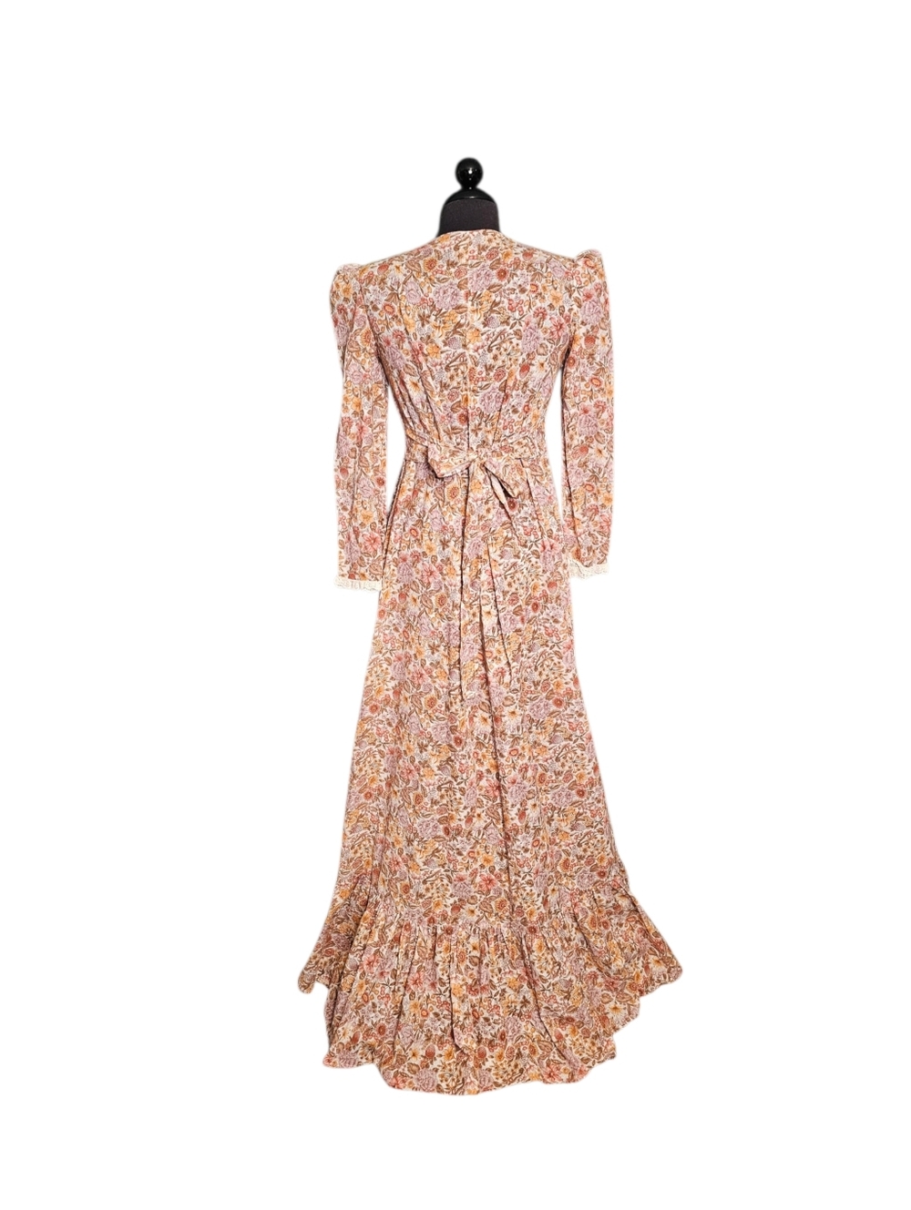 Vintage 70s Cottagecore Floral Lace-Trim Bell Sleeve Maxi Dress sz S Women's - Picture 2 of 7